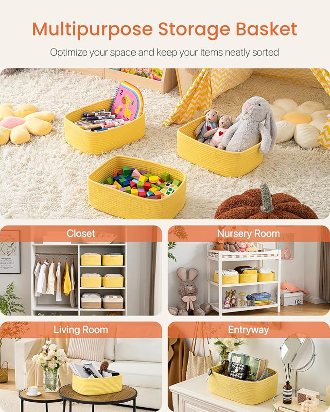 KALLAX Small Woven Storage Basket for Organizing, 13.5x9.5x5 inches, 3 Pack | Shelf baskets for closet organization, toy storage and home decor, Perfect as empty gift baskets for holidays, Yellow