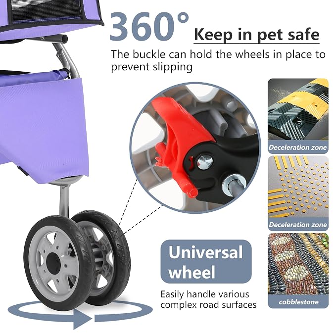 FDW Pet Stroller 3-Wheel Durable Foldable Cat Dog Stroller with Washable Liner Storage Basket Cup Holder,Purple