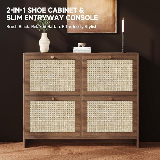 Shoe Cabinet Storage for Entryway, 4-Flip Drawer Narrow Shoe Rack with Adjustable Shelves, Boho Modern Square Rattan Shoe Organizer, Slim Wood Storage Cabinets for Small Spaces Fits Size 13.5
