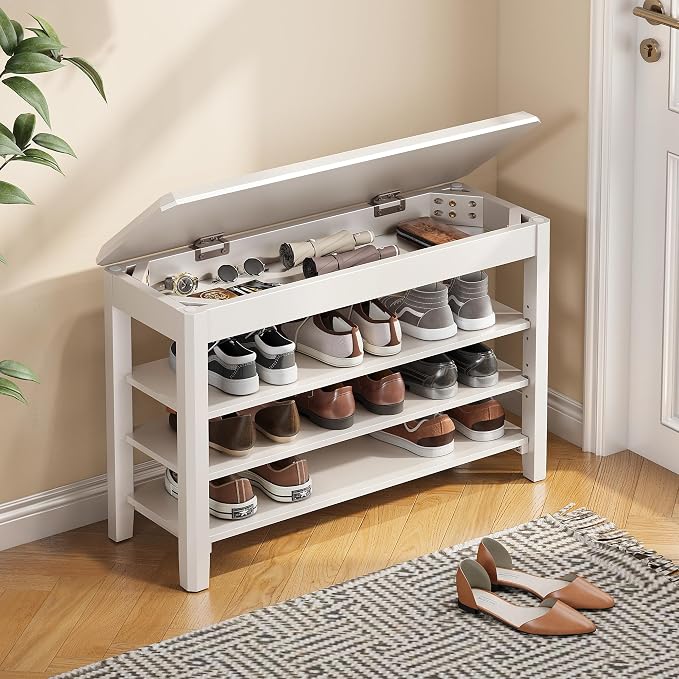 IUNVR Shoe Rack Bench Seat Rubberwood 3-Tier Wooden Storage Bench 550lbs Compact Mid-Century Modern Design for Entryway, Hallway, Closet, Front Door Entrance, Foyer
