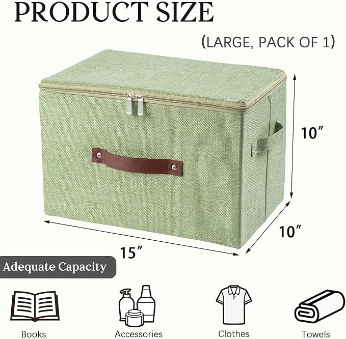 Storage Bins with Zipper Lid Decorative Lidded Box Fabric Baskets | Collapsible Shelf Closet Organizer Container, Cotton Linen Fabric Boxes, PU Leather Handle, Stackable Washable (Green, Large)