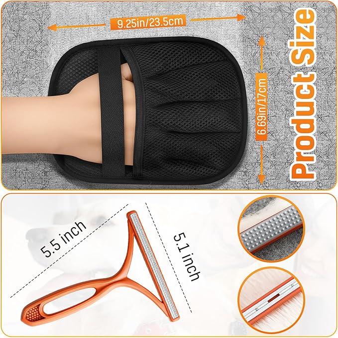 3pcs Pet Hair Removal Gloves for Dogs & Cats (2 Gloves + 1 Lint Scraper) | Electrostatic Magic Brush Clothes, Sofa, Carpets, Couch & Car Mats | Reuseable | Thickened | Newly Upgraded Model