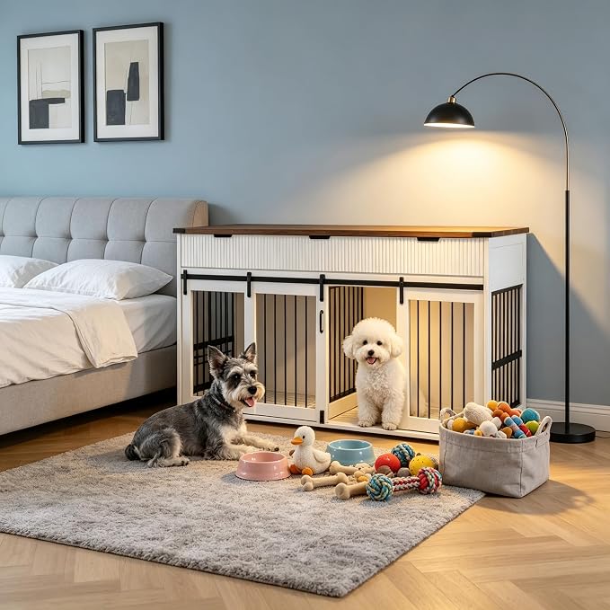 71" White+Walnut Double Dog Crate TV Stand with Charging & Feeder | 3 Fluted Drawers, Rotating Feeder Design, Heavy Duty Frame, for 2 Dogs, Indoor Pet Kennel