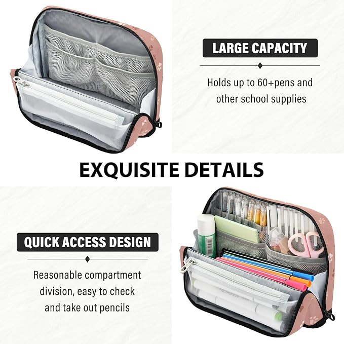 Aslsiy Large Capacity Pencil Case Rose Gold Pet Paws (1) Pencil Pouch for Boys Girls Portable Pen Bag Organizer Standing Makeup Bag for School Office Supplies