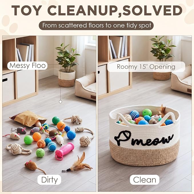Cat Toy Basket with Cat Ear Handles, 15 x 11 x 9 in Woven Cats Toy Bin, Large Two-tone Cotton Rope Storage Box, Meow Words Organizer for Toys, Blankets, Home Decor (White, Linen)