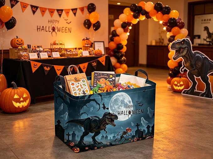 Sanjiaofeng Rectangular Dinosaur Halloween Baskets,Waterproof Foldable Dinosaurs Basket with Handles,Nursery Hamper,Home Organizer,Books Box,Gift Baskets(Misty Dinosaur)
