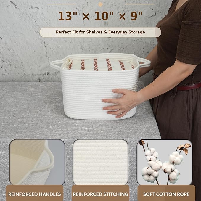 XUANGUO Woven Cotton Rope Storage Basket with Handles 13x10x9 inch White | 13" x 10" x 9" woven cotton rope basket for shelves and closets. Perfect for toys, books, towels, clothes and nursery storage