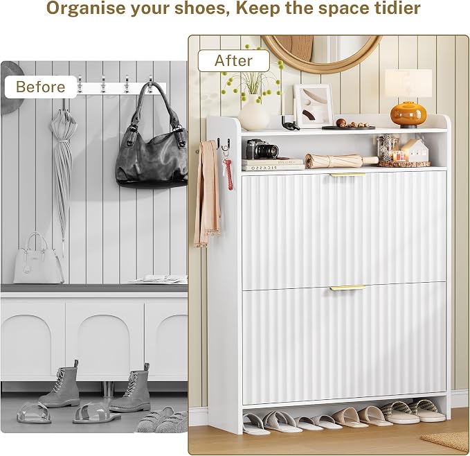 Fluted Shoe Storage Cabinet for Entryway with Adjustable Shelves | 9.45"Deep,Freestanding Shoes organizer,Adjustable & Removable Shelves,2 Hooks,Anti-tip Device,White