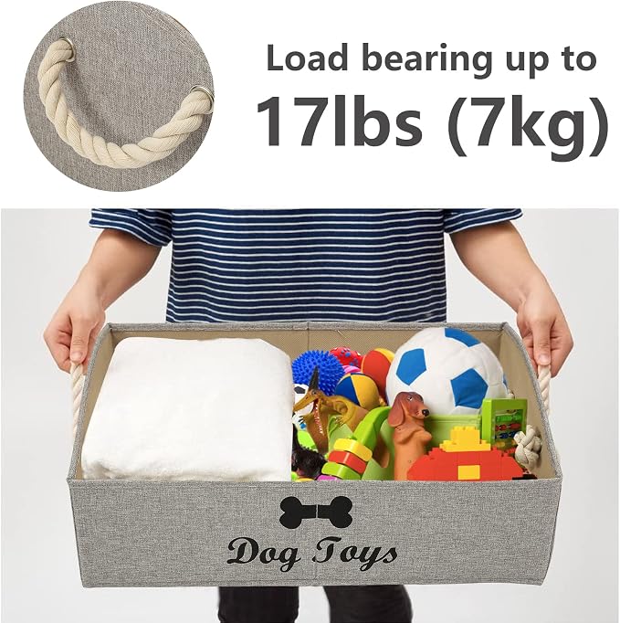 Large Dog Toys Storage Bins - Foldable linen Trapezoid Organizer Boxes with weave Rope Handle, Collapsible Basket for Shelves (Light Brown-DOG)