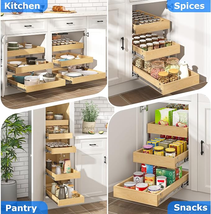 WelFurGeer 3-Tier Pull Out Cabinet Organizer with Soft Close, Heavy-Duty Pull Out Drawers for Cabinets, Slide Out Shelf for Kitchen, Pantry, Bathroom & Under Sink, Solid Birch Wood