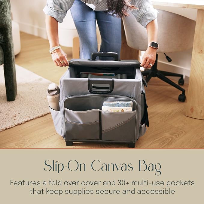 Folding Mobile Utility Cart, Canvas Organizer Bag, Dark Grey/Grey | Durable plastic, 30 compartments, adjustable handle, 40 lb capacity, collapses to 3" thick, rolling wheels for easy transport