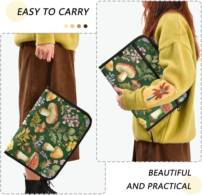 Forest Mushrooms and Flowers Watercolor Pattern Expanding File Folder with Sticky Labels, 13 Pockets Accordion File Folder Document Organizer Expandable Zip File Folder with Zipper Closure