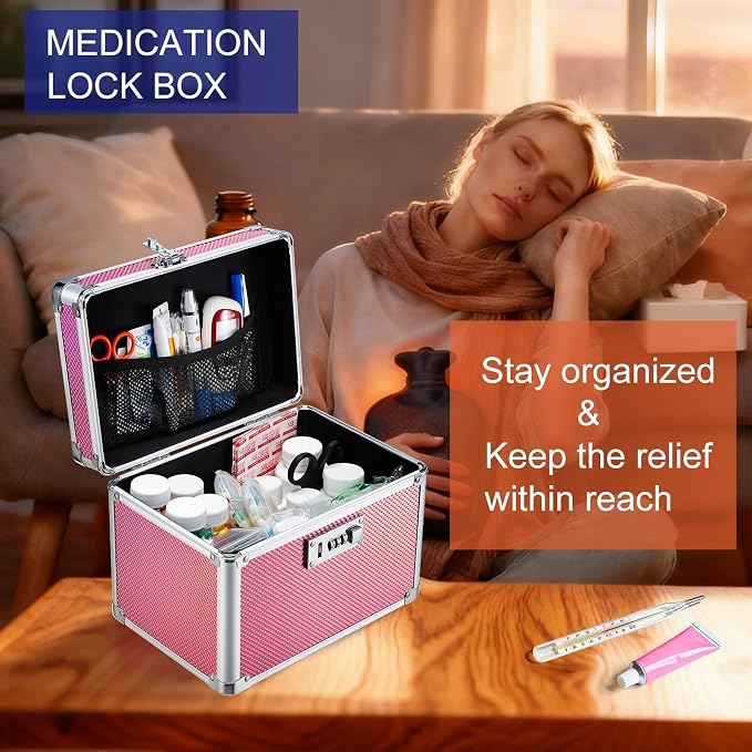 Medicine Lock Box with 3-Digit Combination Lock – Pink Lockable Storage Box for Medication, Small Lock Box for Valuables, 10"x7"x7.9" Locking Medicine Box for Home Travel Dorm