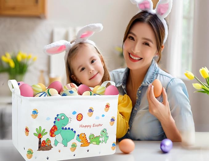 Large Rectangular Easter Baskets Empty Waterproof Boy Toy Box Foldable Kid's Gifts Storage Bin Spring Room Decor(Arrange Dinosaur Egg)