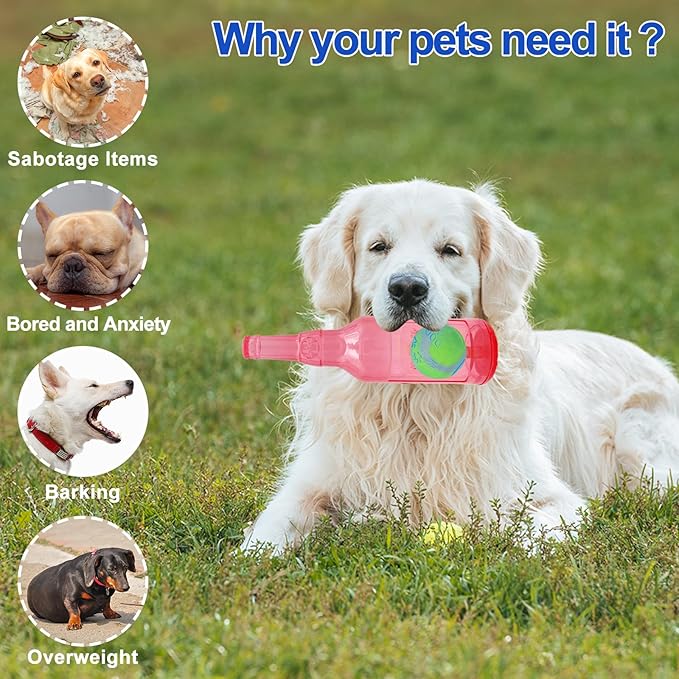 Ball in Bottle Dog Toy - Interactive Crunch and Play Bottle with Tennis Ball Inside for Dogs, Squeaky Puppy Toy(Pink, Large)