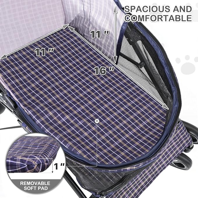MoNiBloom Pet Stroller for Small/Medium Dogs and Cats up to 22 lbs, Plaid | Foladble 4 Wheels Easy-Fold Puppy Cage Jogger Stroller with Sun Cover, Pad and Rear Storage Bag, Breathable and Visible Mesh