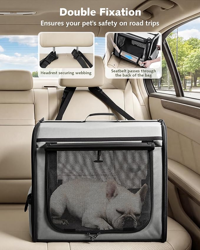 Dog Car Carrier Light Weight 24×17.7×20.5in, Foldable Dog Carrier, Gray | Easy to Assemble, Portable and Breathable Pet Carrier, Suitable for Indoor and Outdoor Use, Dog Travel Crate with Curtain
