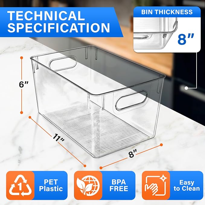 Lifemaster Stackable Refrigerator Bins - Set of 10 Large Capacity Organizers with Easy Grip Handles - Clear and Versatile for Kitchen Storage
