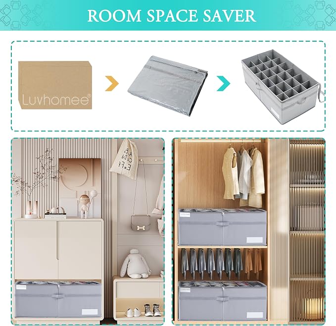 LUVHOMEE Shoe Organizer for Closet, Fits 24 Pairs, Large Shoe Box Storage Containers, Clear Foldable Shoe Storage Bins w/Bottom Support, Space Saving Closet Shoes Holder w/Reinforced Handles, Gray