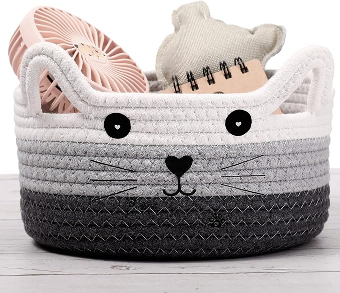 Zopeal Cat Woven Gift Basket Storage,8.3 x 4.7 Inch,Dark Gradient | Cute Cotton Rope Organizer with Handles for Toy Box, Nursery Decor, Decorative Bin, Pet Supplies Holder, Desk Storage