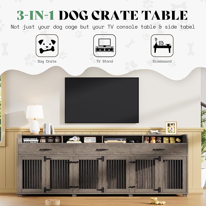 LUXOAK 95" Large Dog Crate Furniture with Storage 3-Room Indoor Dog Kennel | Dog Cage for Large/Medium Dogs, TV Stand & Sideboard with Drawers & Removable Divider, Grey