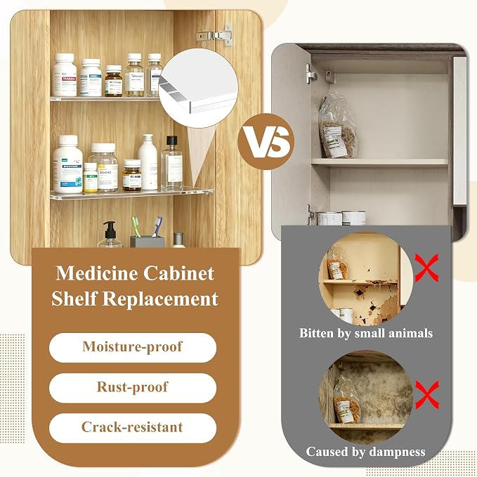 Windspeed 4Pcs 13x3 inch Acrylic Medicine Cabinet Shelf Replacement for Cabinet Medicine Shelf Wall Mounted for Kitchen Living Room Bathroom Organization, with 160 Labels, Pen, Wiping Cloth