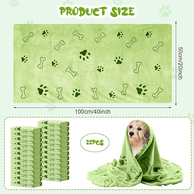 Tatuo 22 Pcs Dog Towels for Drying 20 x 40 Inch Pet Bath Towels Absorbent Microfiber Towel Quick Drying Puppy Bathing Supplies for Small Medium Large Dog Puppy Cat(Green,Bone Pattern)