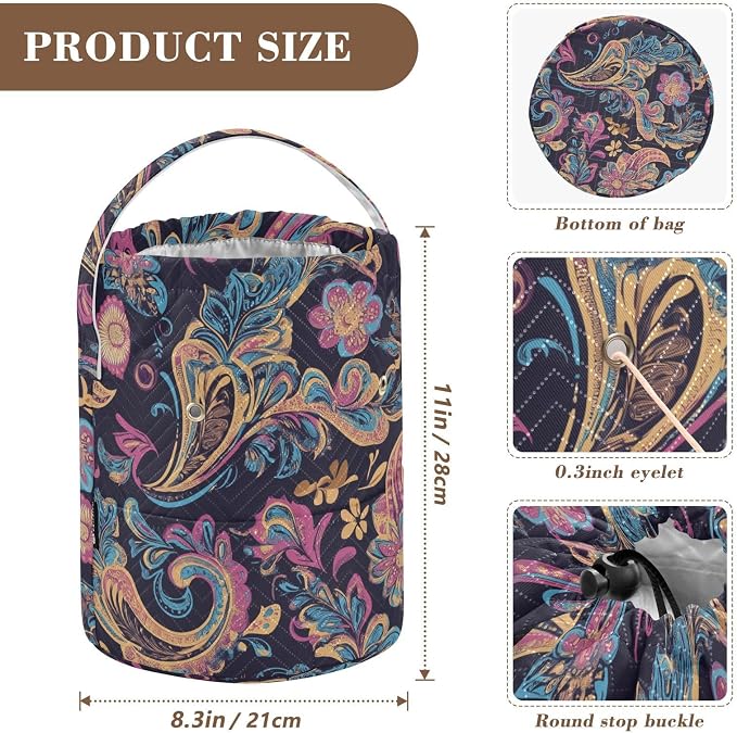 Fustylead Beautiful Pink Blue Paisley Floral Pattern Knitting Yarn Storage Tote Basket, Durable Polyester Large Crochet Drawstring Bag for Crocheting Project, Sewing Supplies, Needles
