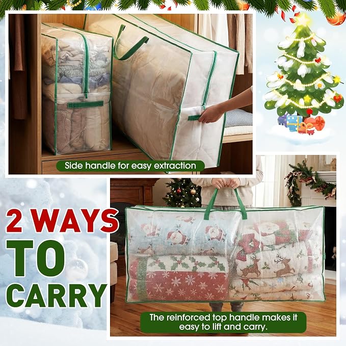 2 Pack Extra Large Moving Bags, 126 Gal Heavy Duty Storage, Green | Clear Waterproof Storage Bags with Reinforced Handles Zipper, For Clothes Bedding Seasonal Decorations Holiday Organizer