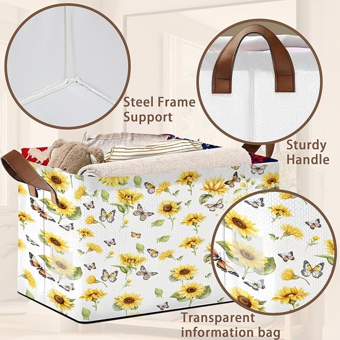 Foldable Collapsible Storage Bin with Sunflower & Butterfly Design - 17x11.5x10.5 Inch Organizer Basket for Home Decor, Closet, Seasonal Storage - Single Pack No Lid Space-Saving
