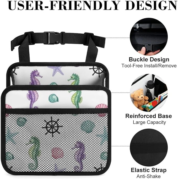 Seat Back Organizer for Car, Backseat Storage Bag Over the Seat, Sea Horse | Seashell Anchor, PU Leather Auto Interior Accessories with Mesh Pocket, Universal Fit