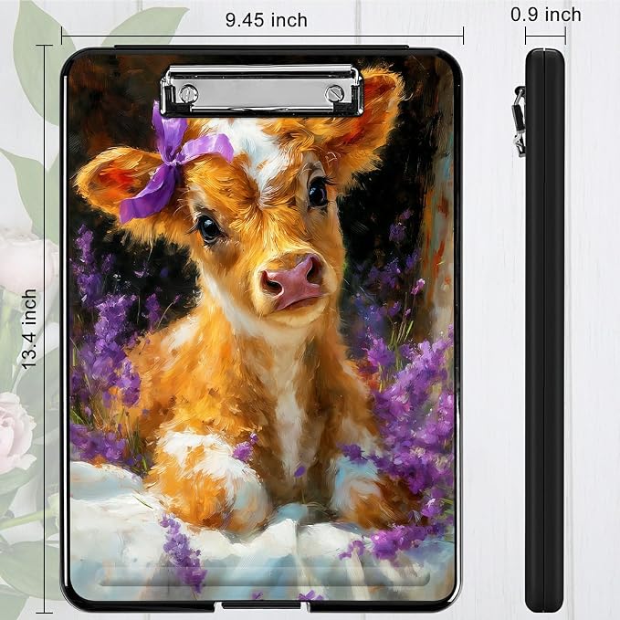 Heavy Duty Storage Clipboard, Slim Nursing Clipboard with Internal Pen Case, Portable File Organizer Case for A4 Letter Size Paper Office Medical Professionals, Lavender Cow