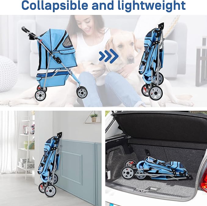 Best 3 Wheels Pet Stroller for Dog Stroller Cat Stroller, Lightweight and Foldable Pet Jogger Stroller, Carrier Strolling Cart W/Cup Holders Removable Liner for Small and Medium Dog Cat or Pet - Blue