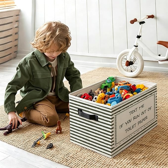 Text Me If You Run Out of Toilet Paper Bathroom Foldable Storage Bins Box with Handles, Funny Neutral Striped Decorative Storage Boxes Baskets Organizer for Washroom Guest Bathroom