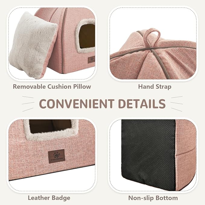 WINDRACING Cat Beds for Indoor Cats, 2-in-1 Cat Bed Cave with Anti-Slip Bottom, Cozy Cats House Tent Suitable for All Seasons, for Medium & Large-Sized Pets Light Pink, L(17.5 X 17.5 X 17.5 Inch)