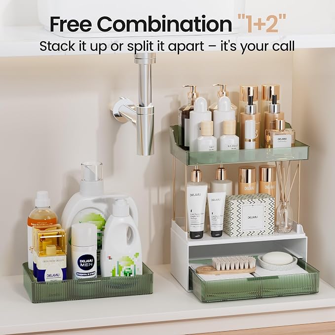 Delamu 4-Tier Makeup Organizer, Bathroom Counter Storage, 2 Drawers,Green | Elegant Vanity Organizer Gift for Women, Holds Perfume, Skincare, Nail Polish & Hair Accessories for Bathroom Countertop