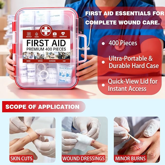 400 Pieces All-Purpose First Aid Kit, Organized Dual-Layer Wall | 100-Person, Professional Medical Kit For Home, Car, Camping, Travel, Office, Outdoor, Business & Sports