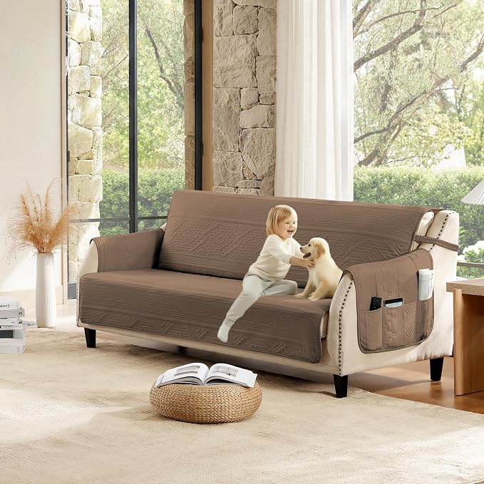 Boho Quilted Sofa Slipcovers with Pockets, Anti-Slip Aztec Couch Covers for 3 Cushion Sofa, Couch Cover for Dogs Cats Water-Repellent Machine Washable (Large Sofa 68", Raw Umber)
