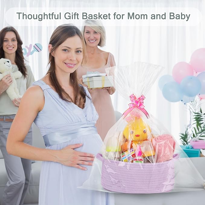 COMSE Empty Small Gift Basket with Bag & Ribbons, Purple | Cotton Rope, 12"x 8"x 5", Baby Toy Organizer, Stores Small Items for Bedrooms, Nurseries, Bathrooms, Living Rooms, Offices