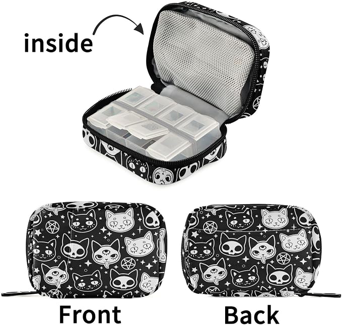 Fustylead Magical Symbols of Witchcraft Cats Pill Organizer Travel Portable Zipper Cloth Bag for Holding Weekly Supplements Vitamins and Fish Oils