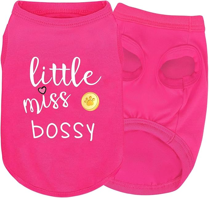 Pink Cotton Dog Shirt with 'Little Miss Bossy' Print, Soft & Breathable Pet Apparel for Small to Large Dogs, All-Season Sleeveless Vest, Cute and Comfortable Dog Outfit.Pink Gold S