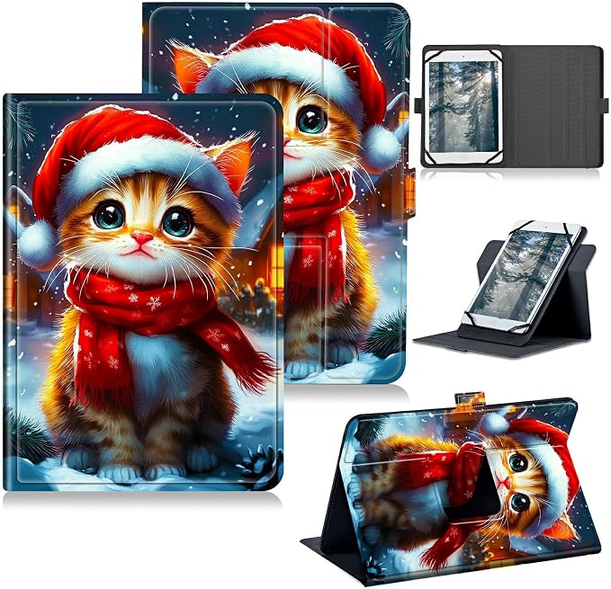 Universal Tablet Case for T-Mobile Revvl Tab 2 10.1" Model:9185W 2025/Revvl Tab 5G 10.36" 2023, 360 Degree Rotating Kickstand Protective Stand Leather Shell Cover for 9"-10.5", Red Hat Cat