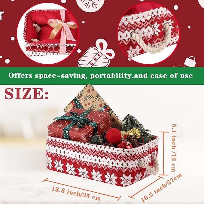 Red Christmas Gift Basket, Collapsible Empty Holiday Storage Bin with Handles, Fabric Storage Organizer for Kids, Baby Items, Presents and Festive Home Decorations