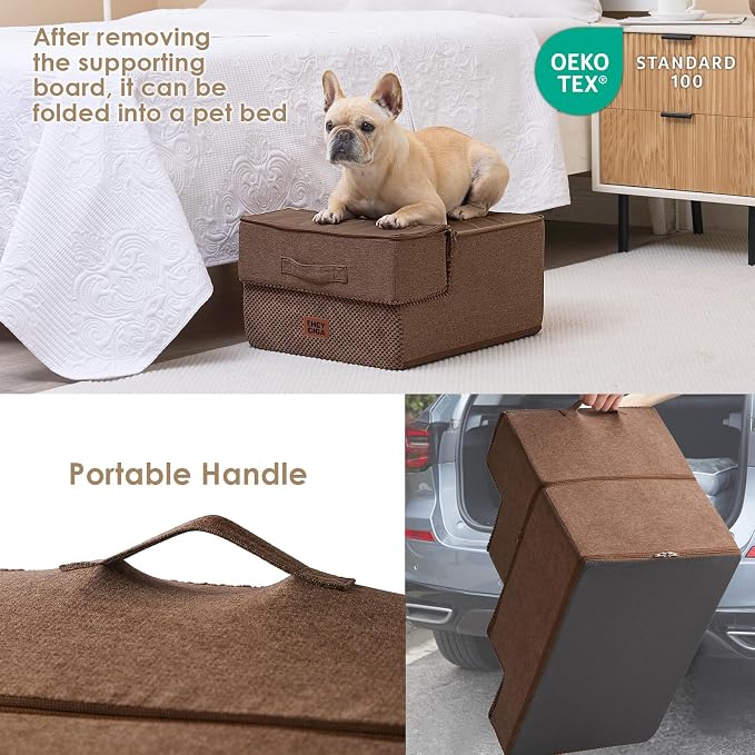 EHEYCIGA Dog Stairs for Small Dogs 13.5" H, 3-Step Extra Wide Dog Steps for Couch Sofa and Chair, Pet Steps for Medium Cats, Non-Slip Balanced Pet Ramp Indoor, Brown