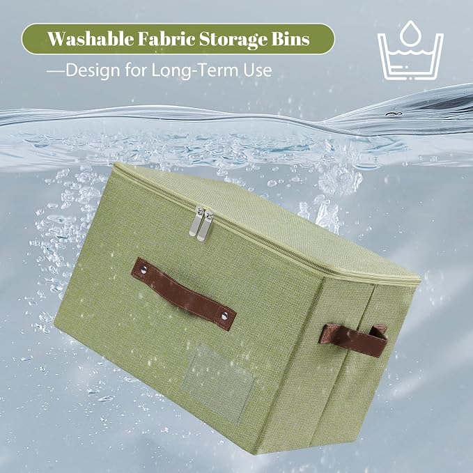 ANMINY Storage Box Fabric Bins with Zipper Lid, 17.7"x13.8"x10" Green | Keepsake Box, Decorative, Cotton Linen, Reinforced PP Board Frame, Washable, Stackable & Foldable, Label Holder & PU Handles