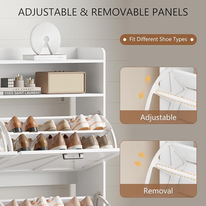 Xixini Shoe Storage Cabinet with 6 Flip Drawers, Entryway Shoe Rack, White | Freestanding Narrow Shoe Storage, Hidden Slim Wood Shoe Organizer, Modern Farmhouse, Open Storage & Hooks for Closet, Hallway