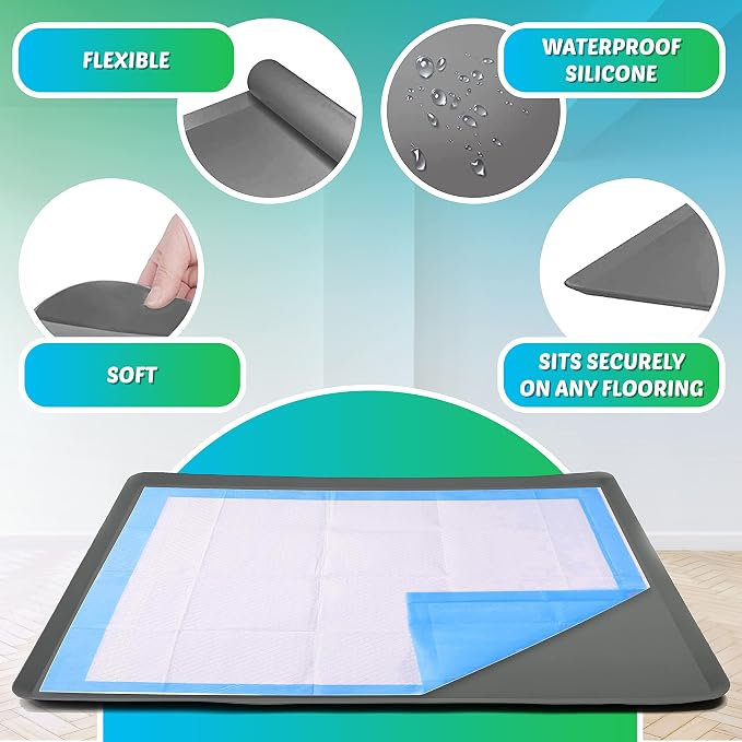 TidyFriend Reusable Silicone Dog Training Tray for 23 x 30 Inches Pads, Washable Puppy Potty Station, No-Spill Heavy Duty Pee Pad Holder for Dogs - Easy to Clean & Travel Friendly (Grey)