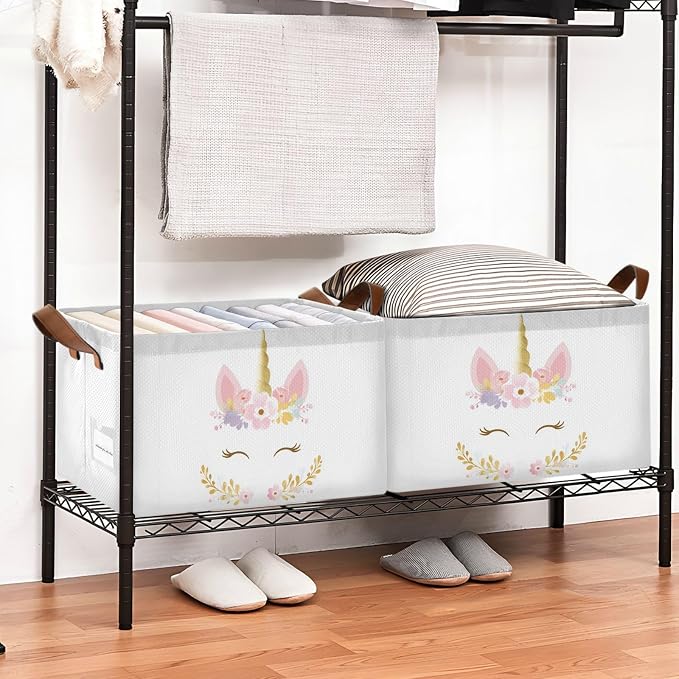 Pink and Gold Cute Unicorn Storage Basket Foldable Cube Storage Bins with Handles&Label Waterproof Collapsible Organizer Box Bin Large Rectangle Decorative Baskets for Shelves Home Room Laundry