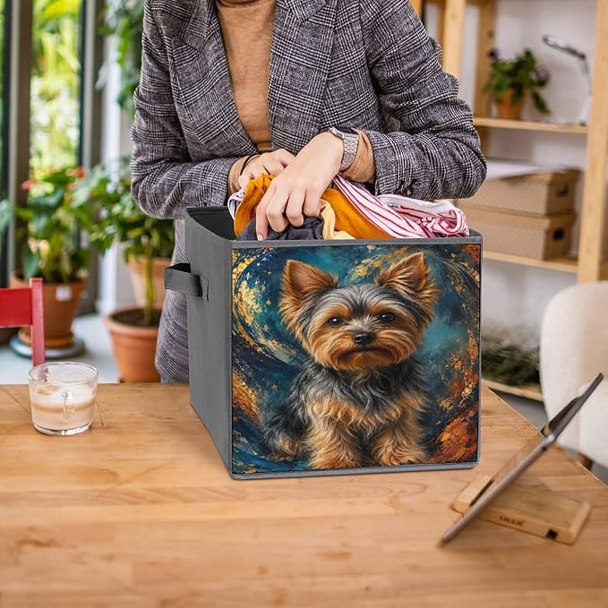Yorkie Dog Art Print Storage Bin with Handles, Oxford Fabric Foldable Storage Cube Organizer for Clothes, Towels, Bedroom, Living Room, Home Organization