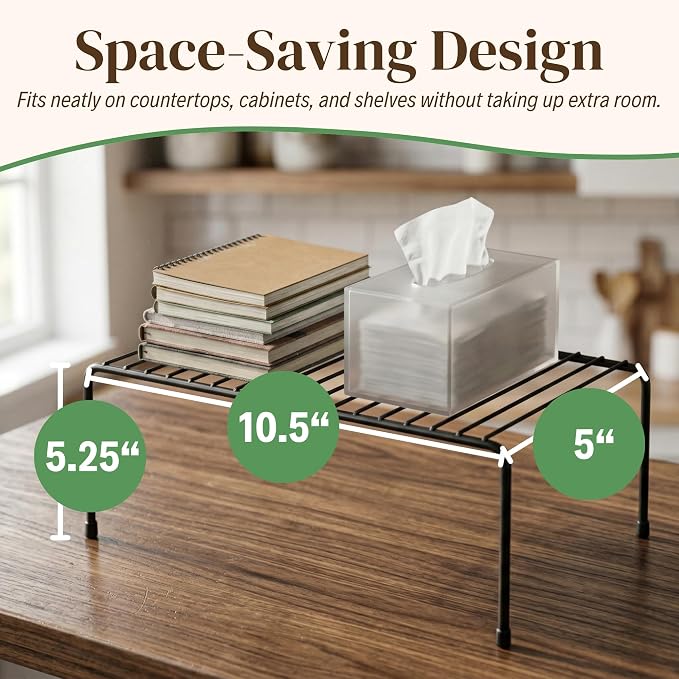 Evelots Wire Shelf Organizer Set, Metal Cabinet Shelf Risers, 2-Pack, Black | 2-Pack rustproof metal wire shelf organizers create extra storage space in kitchen cabinets, pantries, freezers and bathrooms